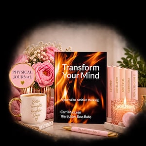 May include: A book titled Transform Your Mind with a flame graphic cover, a white mug with gold text reading Better Thoughts Brighter Days, a pink pen, and five light pink journals labeled Mindset, Gratitude, Self Love, Progress, and A Brighter You.