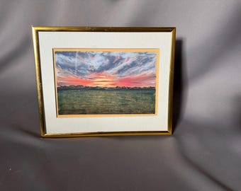 Original Soft Pastel Painting, Framed Sunset Landscape, Meadow Art, One of a Kind