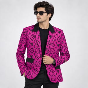 Pink Tropical Print Blazer for Men, Black Lapels, Derby Party Jacket