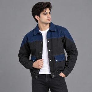 Chaqueta vaquera negra y azul para hombre, abrigo camionero retro con bloques de color, prenda de abrigo urbana.