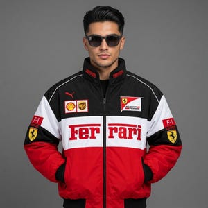 Chaqueta bomber retro de carreras para hombre, color rojo, blanco y negro, estilo urbano de los deportes de motor.