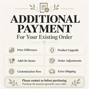 May include: A graphic sign titled ADDITIONAL PAYMENT For Your Existing Order. It lists categories including Price Difference, Product Upgrade, Add-On Items, Order Adjustments, Customization Fees, and Extra Shipping. Includes text: Please contact us before purchasing.