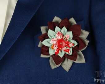 English Garden Kanzashi Boutonniere, Handcrafted Fabric Lapel Pin