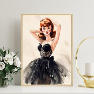 May include: Watercolor print of a woman in a black dress with a lace bodice and a full skirt. The woman has red hair and is posing with her arms above her head. The artwork is framed in a gold-colored frame.