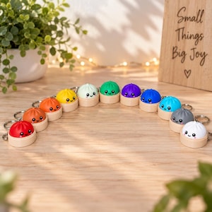 Può includere: Una collezione di undici portachiavi a forma di raviolo colorato disposti a semicerchio. Ogni portachiavi presenta un viso rotondo e sorridente su una parte superiore colorata che poggia su una base beige. I colori includono rosso, arancione, giallo, verde chiaro, verde, viola, blu, ciano, grigio e bianco.
