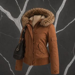 May include: A brown utility jacket featuring a hood with a thick faux fur trim, a front button closure, ribbed hem, and side pockets. A black handbag with a silver star charm is draped over the shoulder area of the jacket.