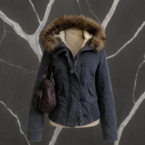 May include: A dark navy blue jacket featuring a hood with a brown faux fur trim, a cream-colored fleece lining, a front zipper closure with buttons, ribbed hem detailing, and a dark brown leather handbag hanging from the shoulder area.