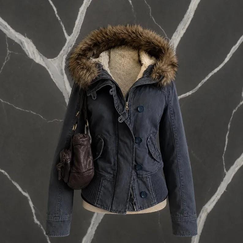 May include: A dark navy blue jacket featuring a hood with a brown faux fur trim, a cream-colored fleece lining, a front zipper closure with buttons, ribbed hem detailing, and a dark brown leather handbag hanging from the shoulder area.