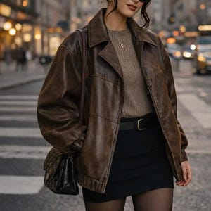 May include: A brown leather jacket with a collar and long sleeves worn over a beige ribbed sweater and a black mini skirt with a black belt. A black quilted shoulder bag is carried on the side, paired with black sunglasses and gold earrings.