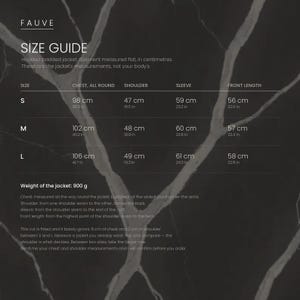 May include: A size guide chart for a hooded padded jacket by Fauve, featuring a dark marble background with white text. It lists measurements in centimeters and inches for sizes S, M, and L, including chest, shoulder, sleeve, and front length.