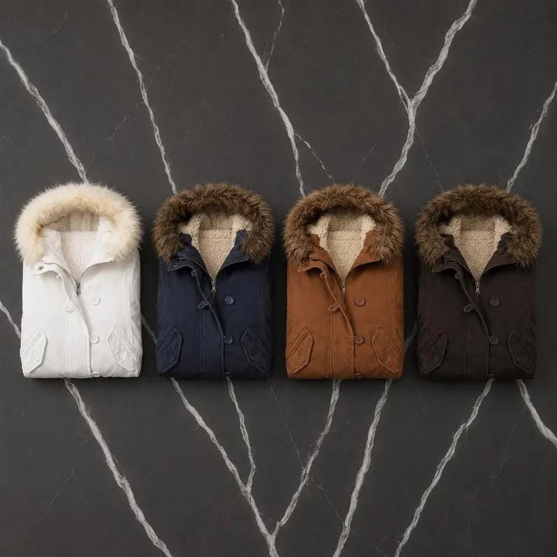 May include: Four hooded jackets arranged in a row, each featuring a plush faux fur-lined hood, a front zipper closure, and two flap pockets. The jackets are available in white, navy blue, tan, and dark brown, all with a cream-colored interior lining.