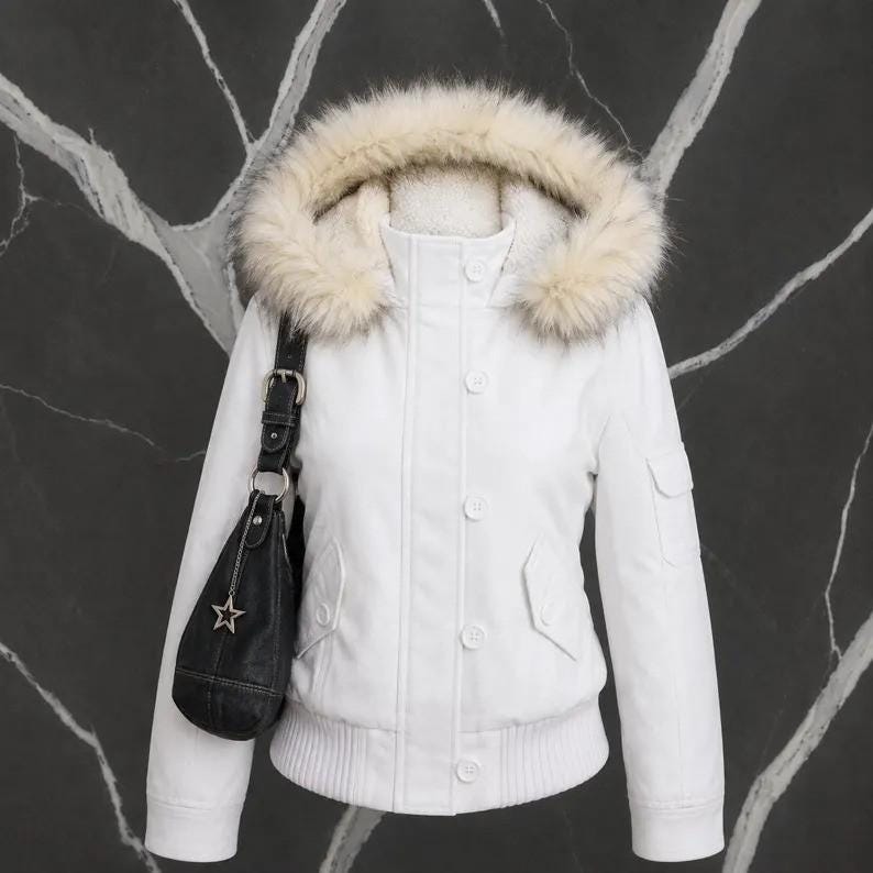 May include: A white hooded jacket featuring a faux fur trim, a front button closure, ribbed hem and cuffs, and two side pockets. A black shoulder bag with a silver star charm is draped over the left shoulder of the jacket, adding contrast.