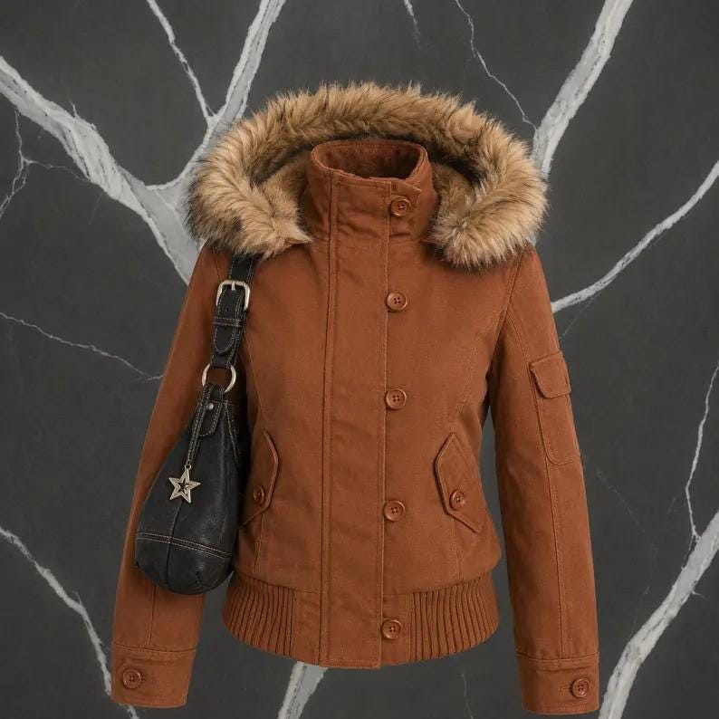 May include: A brown jacket with a hood featuring a faux fur trim, a front button closure, ribbed hem, and two front pockets. A black shoulder bag with a star charm is draped over the shoulder area of the jacket, which has long sleeves.