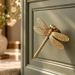 Könnte beinhalten: Ein goldfarbener Möbelknopf aus Metall in Form einer Libelle mit detaillierten, strukturierten Flügeln und einem segmentierten Körper. Der insektenförmige Beschlag ist auf einer flachen, salbeigrünen Platte montiert und hat ein metallisches Finish.
