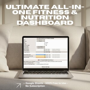 Peut inclure: Un ordinateur portable affichant un tableau de bord numérique de fitness et de nutrition intitulé SullyGroup Ultimate All-In-One Fitness & Nutrition Dashboard. L'écran présente des données de profil, des objectifs et des cibles nutritionnelles.