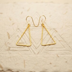 Handmade Hammered Triangle Earrings, Gold Plated Brass Drop Earrings, Geometric Boho Jewelry