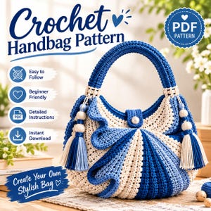 Puede incluir: Un patrón de bolso de ganchillo con diseño de rayas azules y crema, frente con volantes, asa única y dos borlas laterales con cuentas de madera. El texto dice Crochet Handbag Pattern, PDF Pattern, Easy to Follow, Beginner Friendly, Detailed Instructions, Instant Download y Create Your Own Stylish Bag.