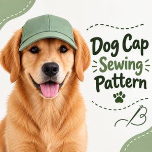 May include: A golden-colored dog wearing a solid sage green baseball cap. The text "Dog Cap Sewing Pattern" is printed in dark green letters next to the dog, accompanied by a small green paw print icon and a needle and thread graphic.