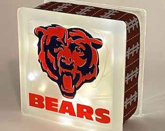 Chicago Bears Large Lighted Glass Block, NFL Football Fan Gift, Sports Decor, Night Light (8x8x3)