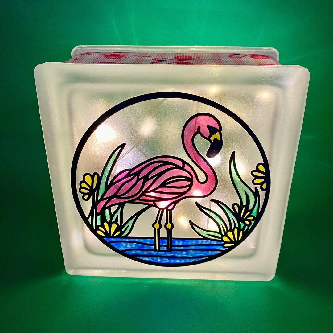 Flamingo Hand Painted Lighted 6x6 Glass Block Night Light, Flamingo