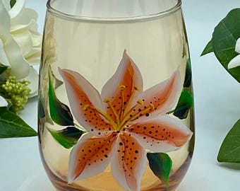 Lily Stemless Wine Glass, 15 oz. Hand Painted Salmon Star Lily