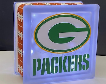 Green Bay Packers Lighted Glass Block, NFL Football Gift, Night Light, Sports Decor (6x6x3)