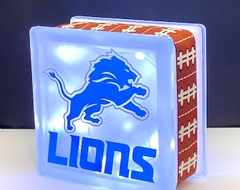 Detroit Lions Lighted Glass Block, NFL Football Fan Gift, Night Light, Sports Decor (6x6x3)