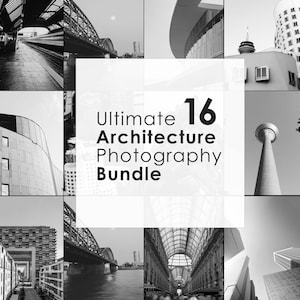 Könnte beinhalten: Eine schwarz-weiße Collage aus sechzehn Architekturfotografien mit Brücken, Wolkenkratzern und städtischen Strukturen. Das zentrale weiße Overlay zeigt den Text Ultimate 16 Architecture Photography Bundle in schwarzer Schrift.