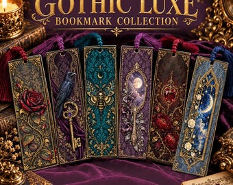 Paquete de marcapáginas Gothic Luxe en formato PNG, 6 diseños de sublimación de romance oscuro, descarga digital de 2x6 pulgadas.