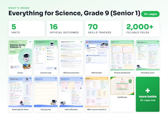 Curriculum checklist and skills tracker inside the Science, Grade 9 (Senior 1) workbook