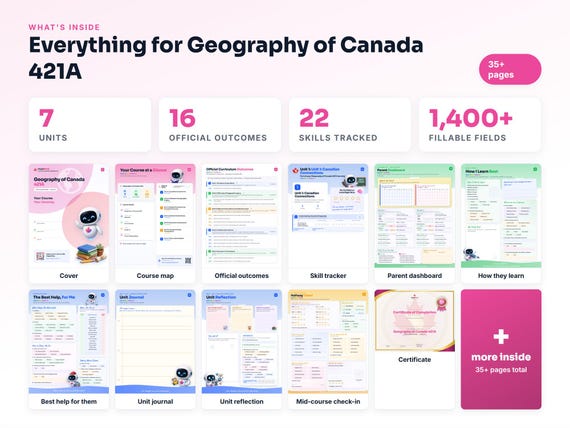 Curriculum checklist and skills tracker inside the Geography of Canada 421A workbook