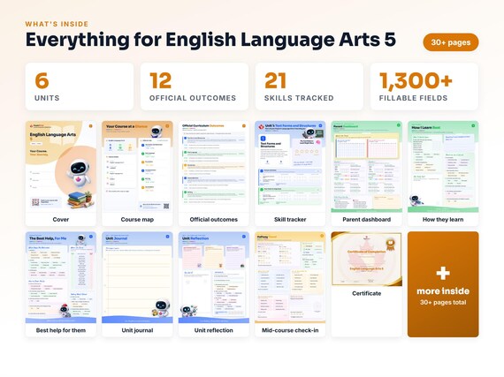 Curriculum checklist and skills tracker inside the English Language Arts 5 workbook