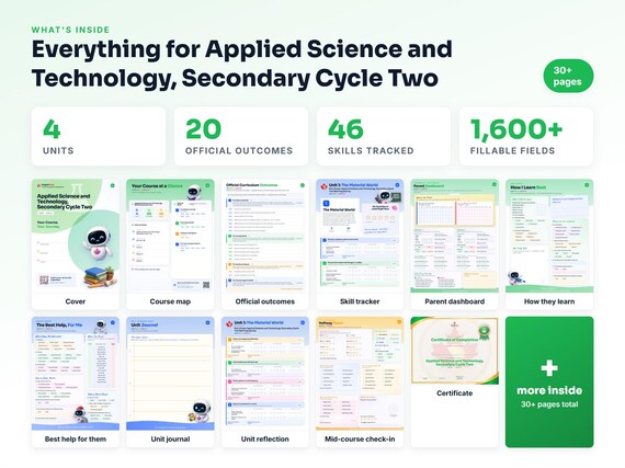 Curriculum checklist and skills tracker inside the Applied Science and Technology, Secondary Cycle Two workbook
