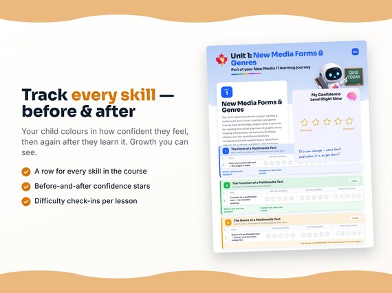 Unit reflection and certificate pages inside the New Media 11 workbook