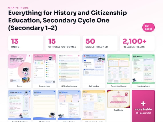 Curriculum checklist and skills tracker inside the History and Citizenship Education, Secondary Cycle One (Secondary 1-2) workbook