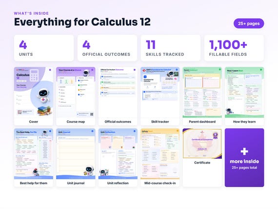 Curriculum checklist and skills tracker inside the Calculus 12 workbook