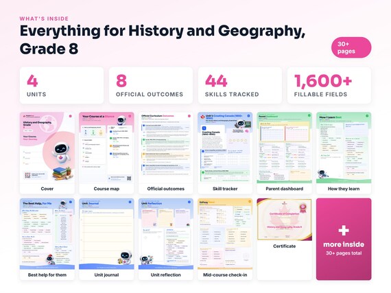 Curriculum checklist and skills tracker inside the History and Geography, Grade 8 workbook