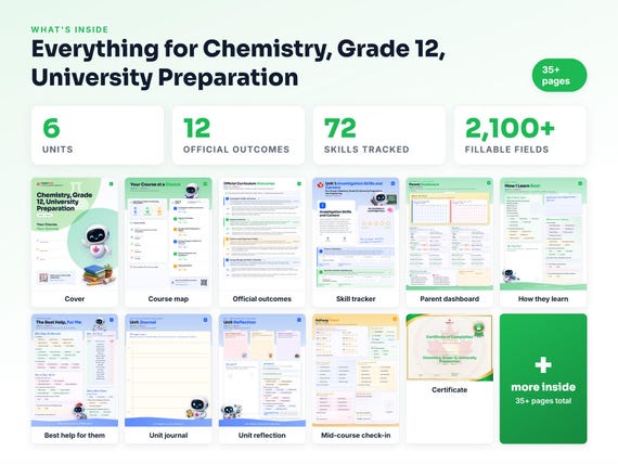 Curriculum checklist and skills tracker inside the Chemistry, Grade 12, University Preparation workbook