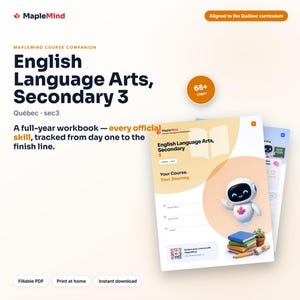 May include: A MapleMind English Language Arts Secondary 3 course companion workbook. The cover features a white and orange design with a small white robot, a stack of books, and a QR code. Text includes 'English Language Arts, Secondary 3' and '65+ pages'.