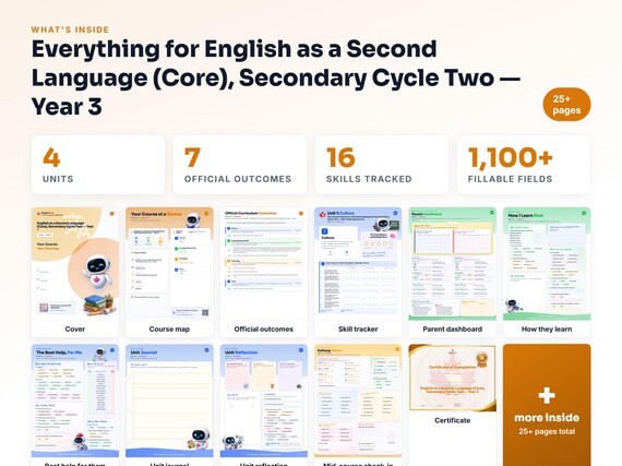 Curriculum checklist and skills tracker inside the English as a Second Language (Core), Secondary Cycle Two — Year 3 workbook