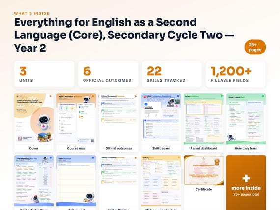 Curriculum checklist and skills tracker inside the English as a Second Language (Core), Secondary Cycle Two — Year 2 workbook