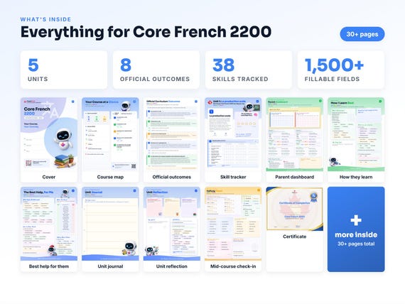 Curriculum checklist and skills tracker inside the Core French 2200 workbook