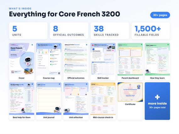 Curriculum checklist and skills tracker inside the Core French 3200 workbook