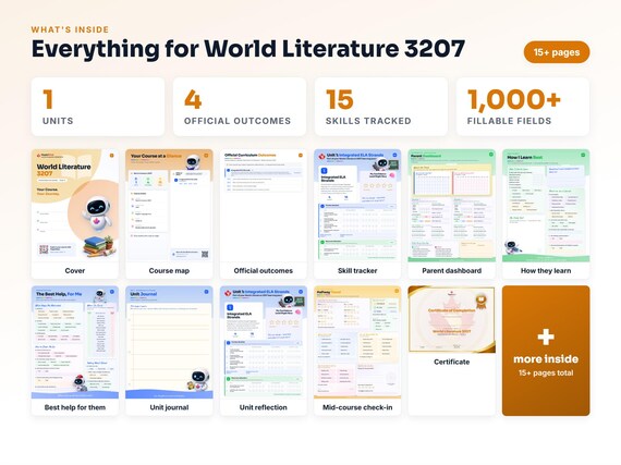 Curriculum checklist and skills tracker inside the World Literature 3207 workbook