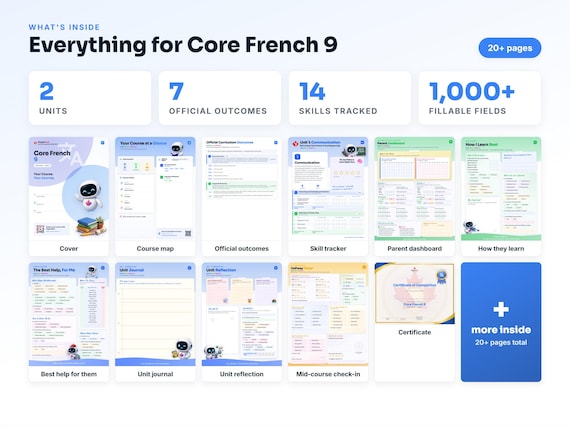 Curriculum checklist and skills tracker inside the Core French 9 workbook