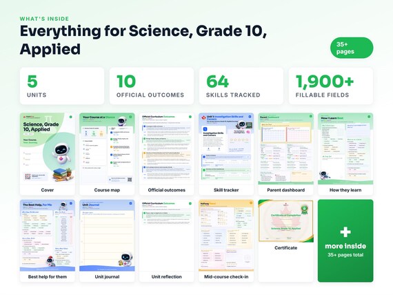 Curriculum checklist and skills tracker inside the Science, Grade 10, Applied workbook