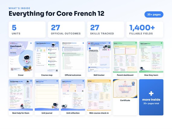 Curriculum checklist and skills tracker inside the Core French 12 workbook