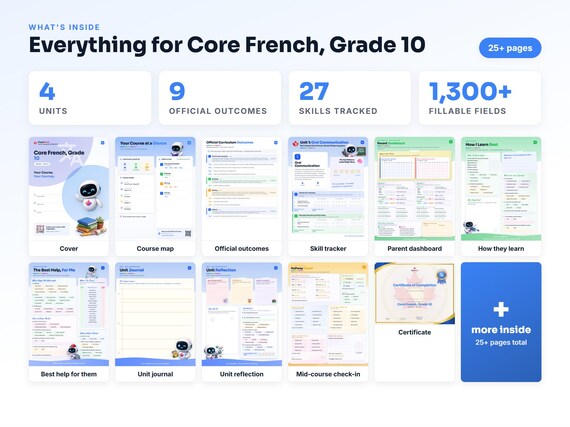 Curriculum checklist and skills tracker inside the Core French, Grade 10 workbook