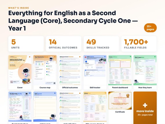 Curriculum checklist and skills tracker inside the English as a Second Language (Core), Secondary Cycle One — Year 1 workbook