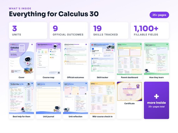 Curriculum checklist and skills tracker inside the Calculus 30 workbook